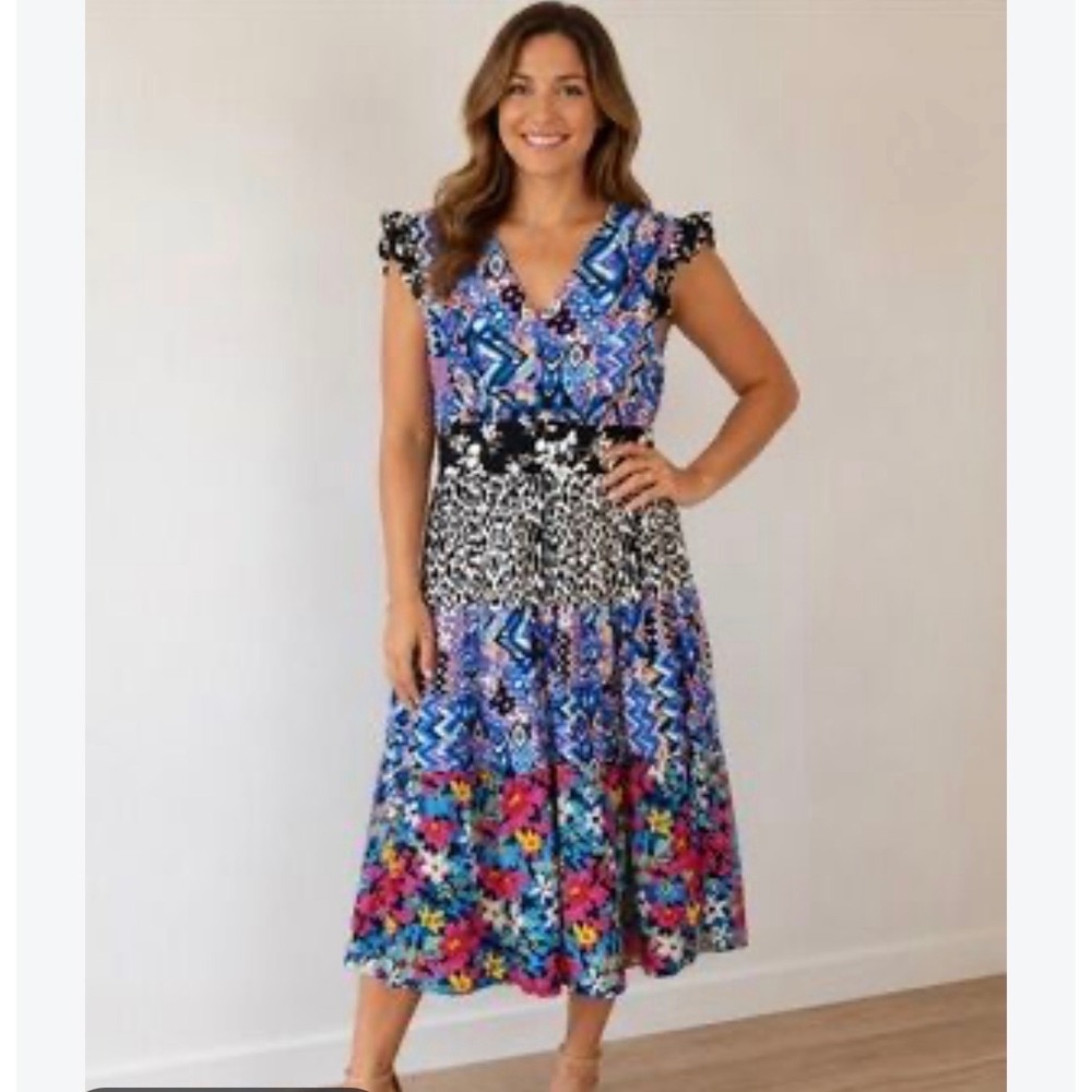 Calessa Mixed Print V-Neck Midi Dress Black Multi size XL Smocked Waist NWT